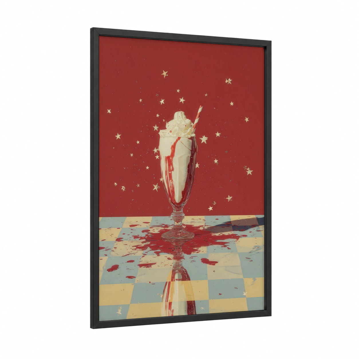 Starlit Milkshake framed art print — black wood frame — red and gold palette