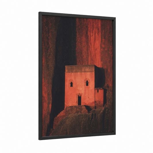 Crimson Monastery framed art print — black wood frame — red and black palette
