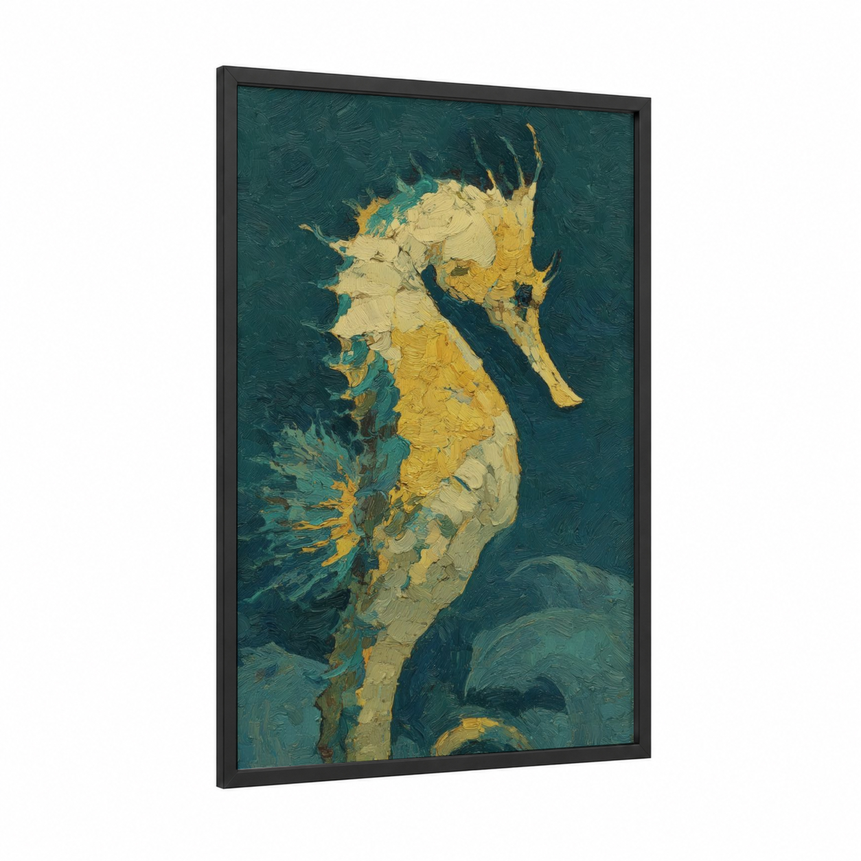 Golden Seahorse framed sea horse print — black wood frame — gold and teal palette