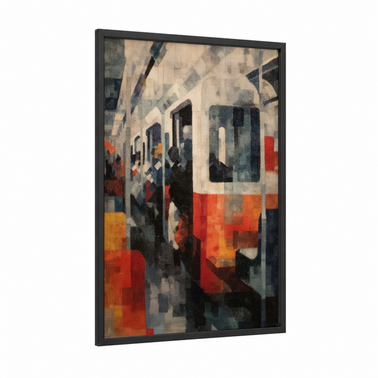 Urban Commute framed subway print — black wood frame — red and black and white palette