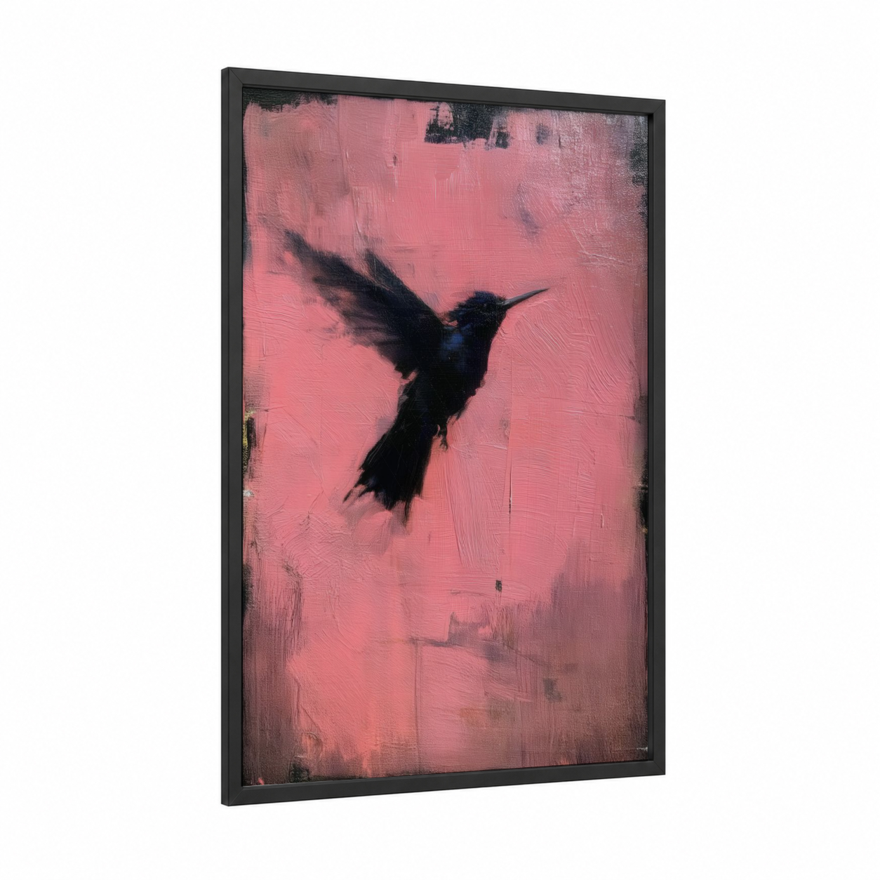 Pink Hummingbird framed art print — black wood frame — pink and black palette