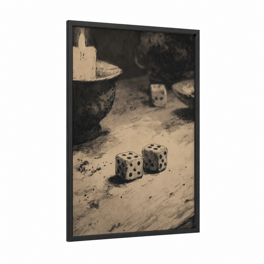Vintage Dice framed art print — black wood frame — black and white and cream palette
