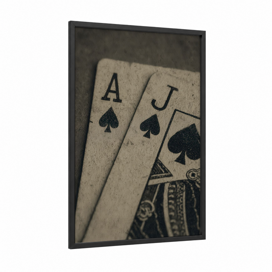 Vintage Poker Hand framed card game print — black wood frame — black and white and cream palette