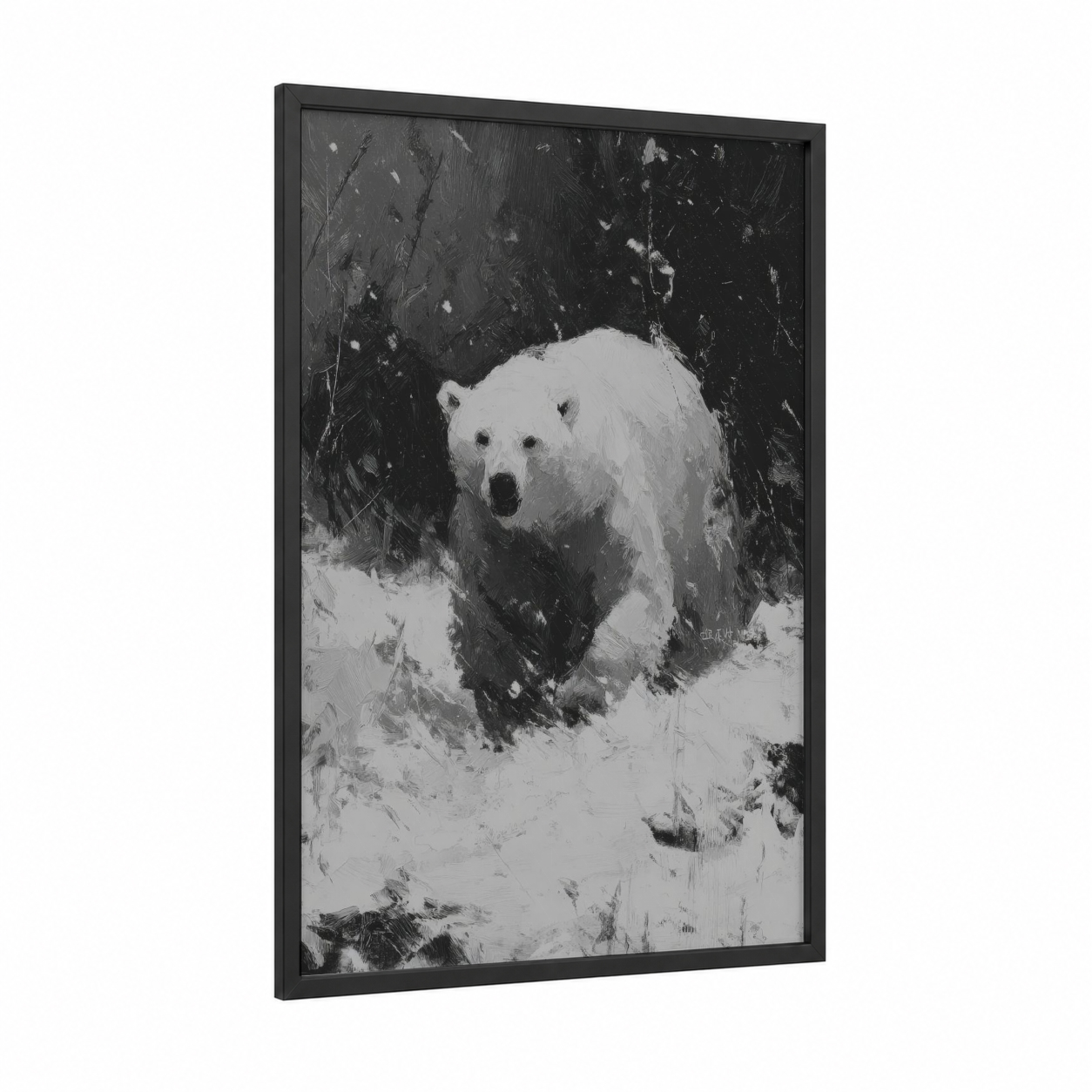 Snowy Polar Bear framed art print — black wood frame — black and white and gray palette