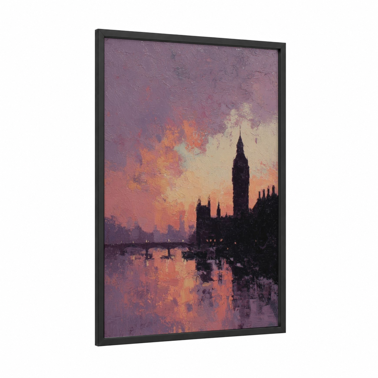 Big Ben Sunset framed art print — black wood frame — purple and gold palette