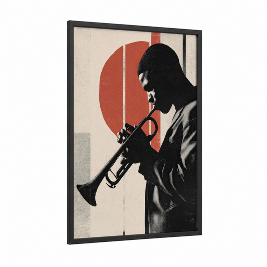 Jazz Trumpeter framed musician print — black wood frame — black and red and cream palette
