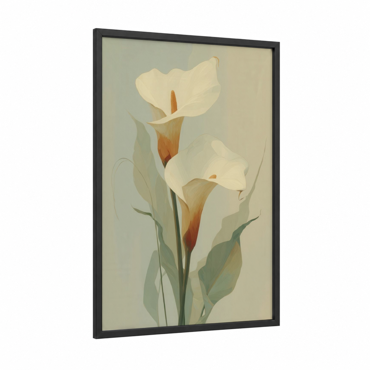 Cream Calla Lilies framed spring print — black wood frame — cream and sage green palette