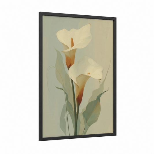 Cream Calla Lilies framed spring print — black wood frame — cream and sage green palette