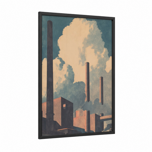 Industrial Smokestacks framed factory print — black wood frame — teal and cream palette