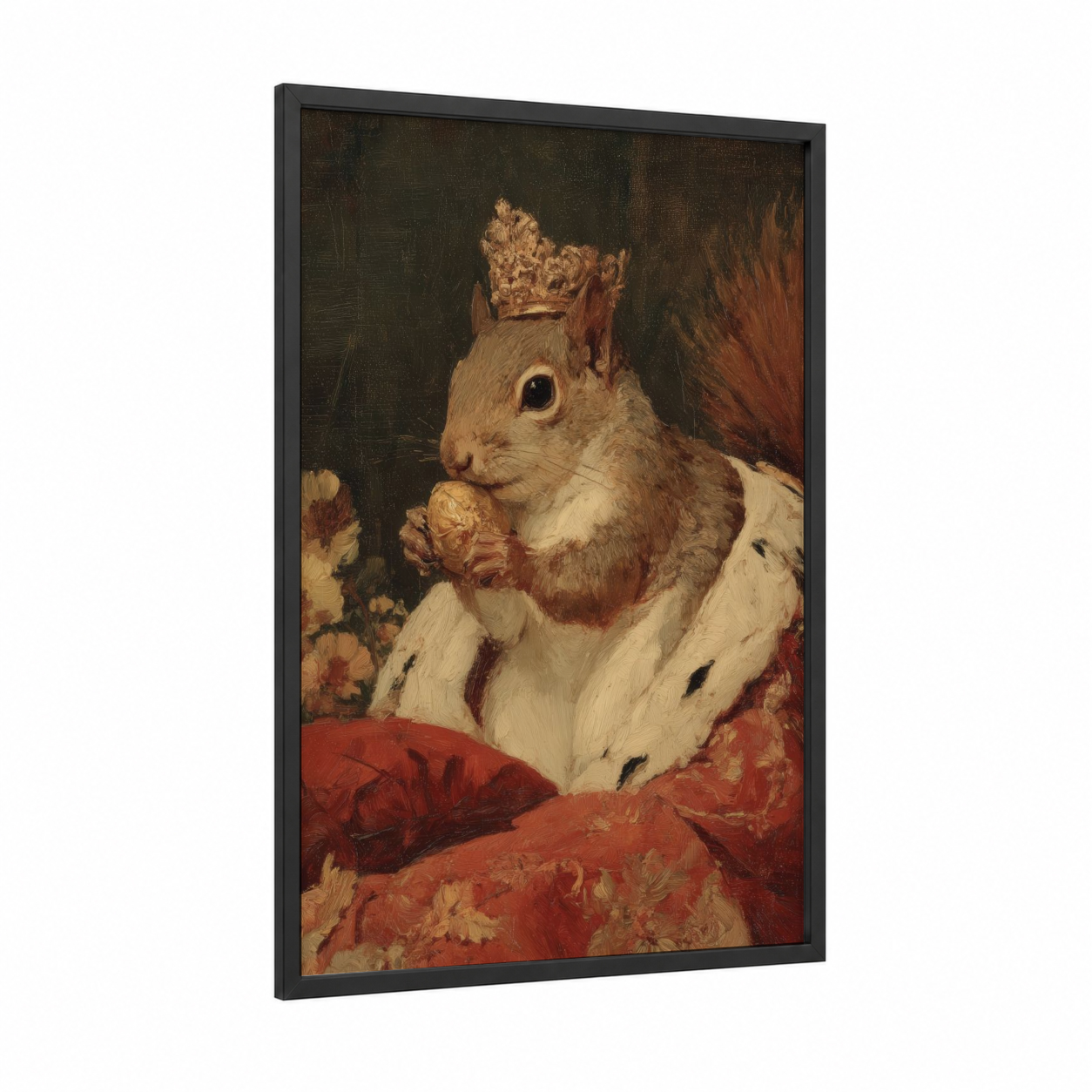 Regal Squirrel framed art print — black wood frame — gold and maroon palette