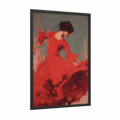 Crimson Flamenco framed art print — black wood frame — red and maroon palette