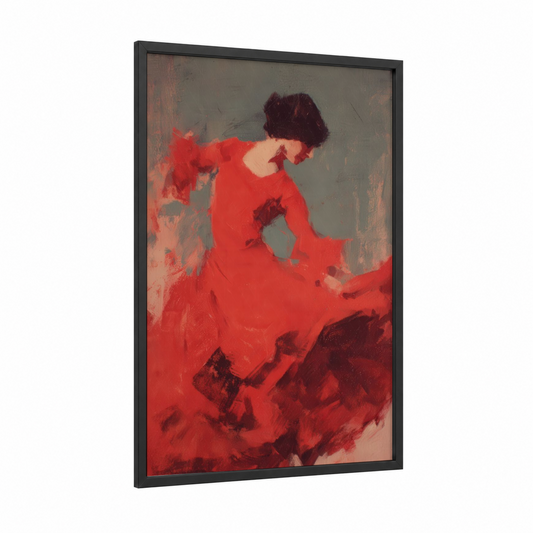 Crimson Flamenco framed art print — black wood frame — red and maroon palette