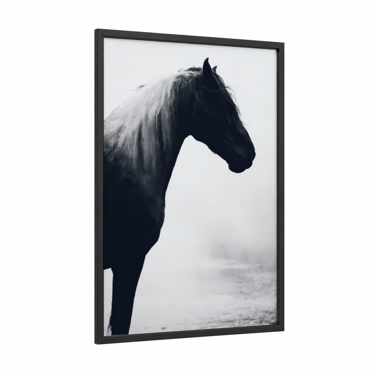 Misty Friesian framed friesian horse print — black wood frame — black and white palette