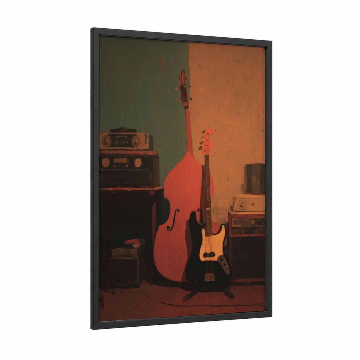Crimson Bass Studio framed bass guitar print — black wood frame — orange and olive palette