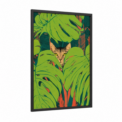 Curious Cat Among Monstera framed art print — black wood frame — light green and teal palette