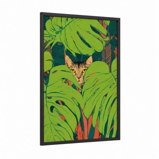 Curious Cat Among Monstera framed art print — black wood frame — light green and teal palette