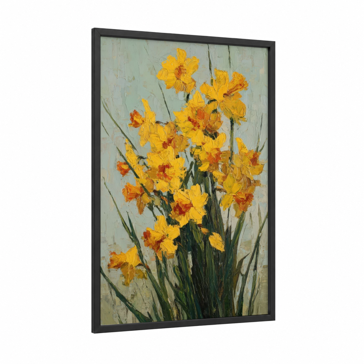 Golden Daffodil Cluster framed daffodils print — black wood frame — yellow gold and sage green palette