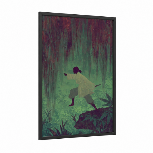 Emerald Kung Fu framed art print — black wood frame — true green and maroon palette