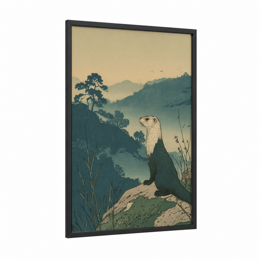 Misty Mountain Weasel framed art print — black wood frame — blue and cream palette