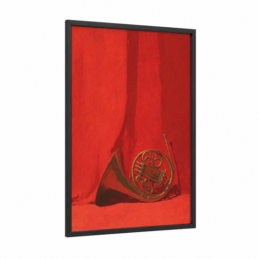 Crimson French Horn framed art print — black wood frame — red and gold palette