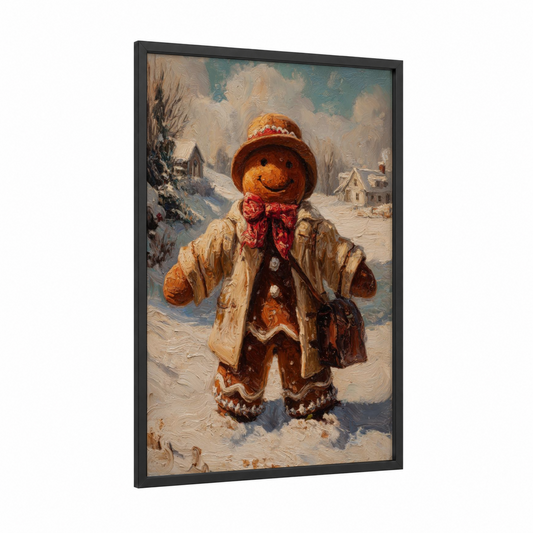 Gingerbread Christmas framed art print — black wood frame — cream and blue and white palette