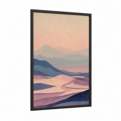 Desert Sunrise framed art print — black wood frame — peach and blue palette