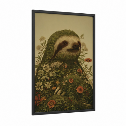 Botanical Sloth framed art print — black wood frame — sage green and beige palette