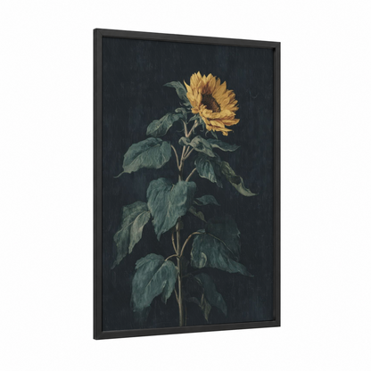 Golden Sunflower framed art print — black wood frame — gold and dark green palette