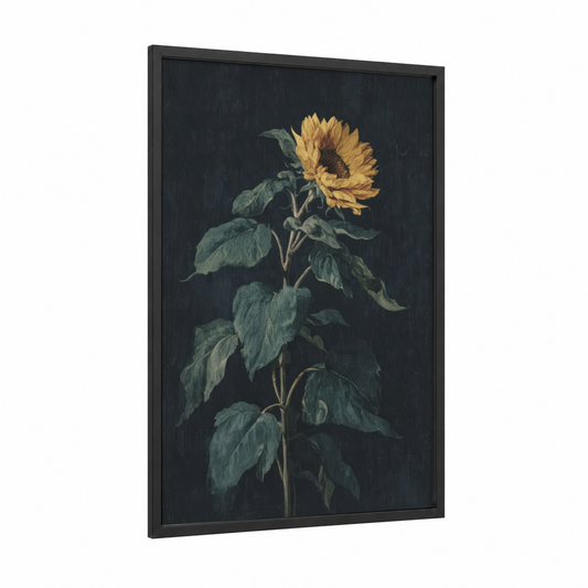 Golden Sunflower framed art print — black wood frame — gold and dark green palette