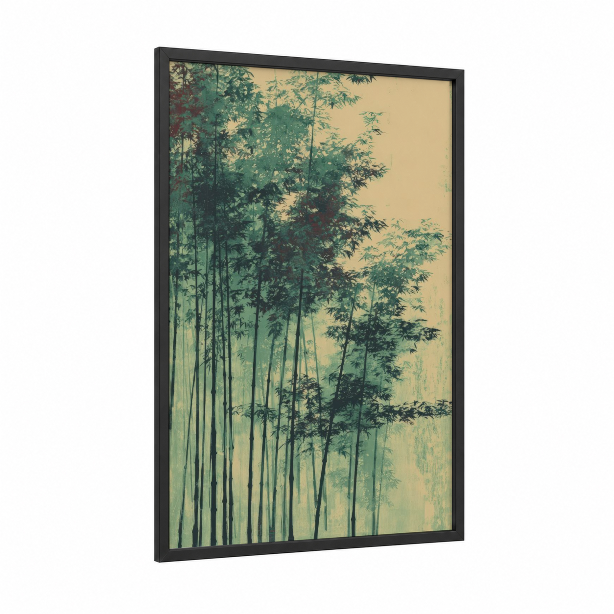 Misty Bamboo Forest framed bamboo jungle print — black wood frame — light green and cream palette