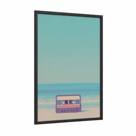 Retro Cassette Beach framed casette print — black wood frame — teal and peach palette