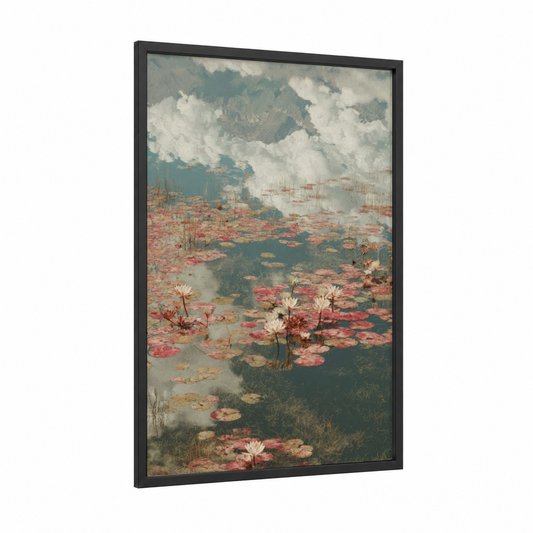 Mountain Lotus Lake framed lakes print — black wood frame — blue and gray and salmon pink palette
