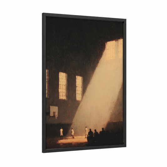 Cathedral Light Basketball framed art print — black wood frame — gold and black palette