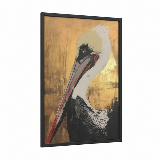 Golden Pelican framed art print — black wood frame — gold and cream palette