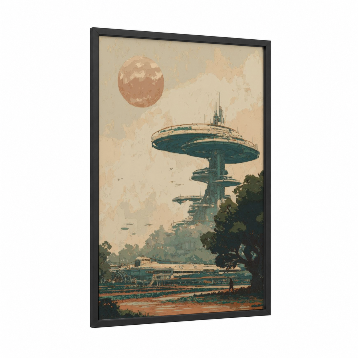 Retro Spaceship Station framed sci-fi print — black wood frame — champagne gold and teal palette