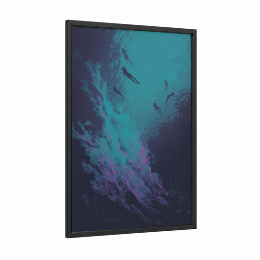 Underwater Synchrony framed synchronized swimming print — black wood frame — teal and magenta palette