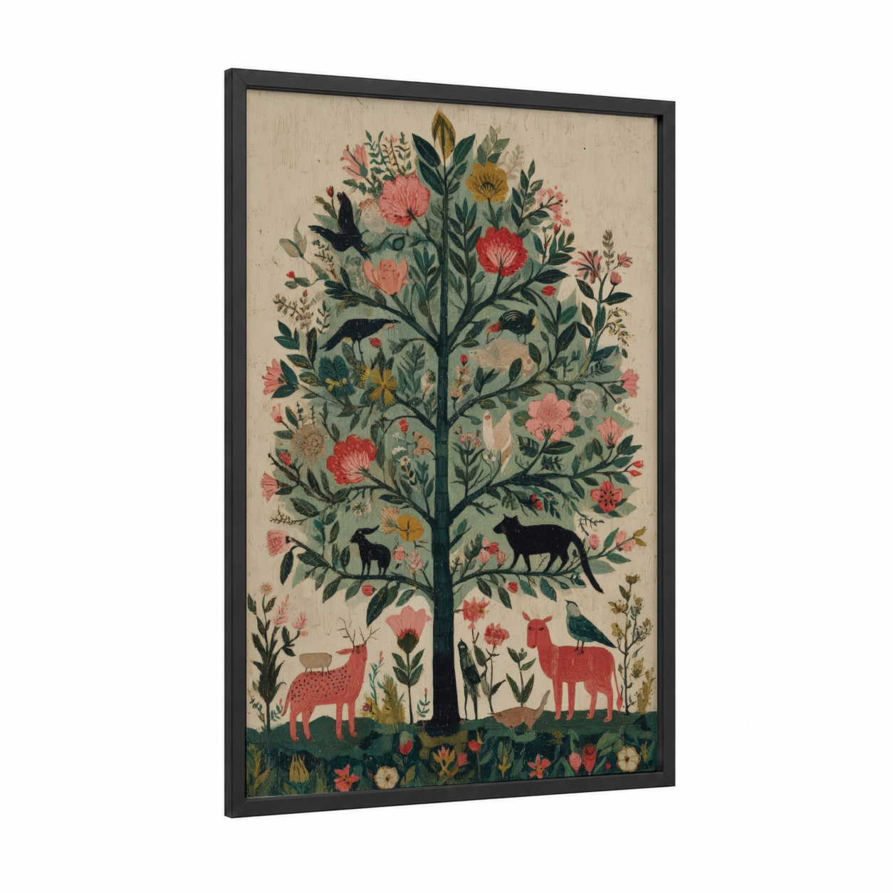 Botanical Tree Sanctuary framed cypress tree print — black wood frame — cream and sage green palette