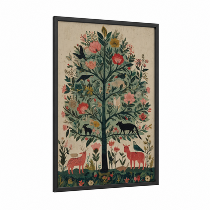 Botanical Tree Sanctuary framed cypress tree print — black wood frame — cream and sage green palette