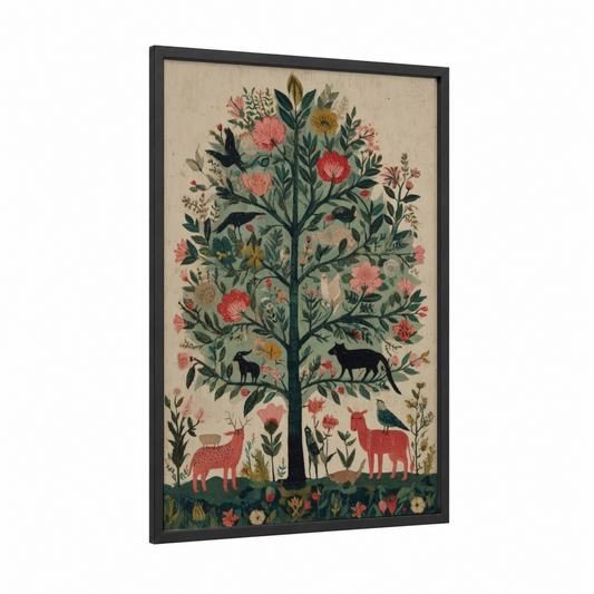 Botanical Tree Sanctuary framed cypress tree print — black wood frame — cream and sage green palette