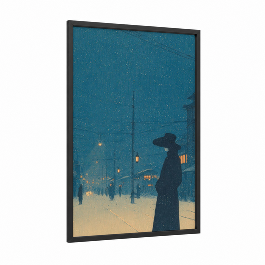 Snowy Evening Fashion framed women's fashion print — black wood frame — teal and gold palette