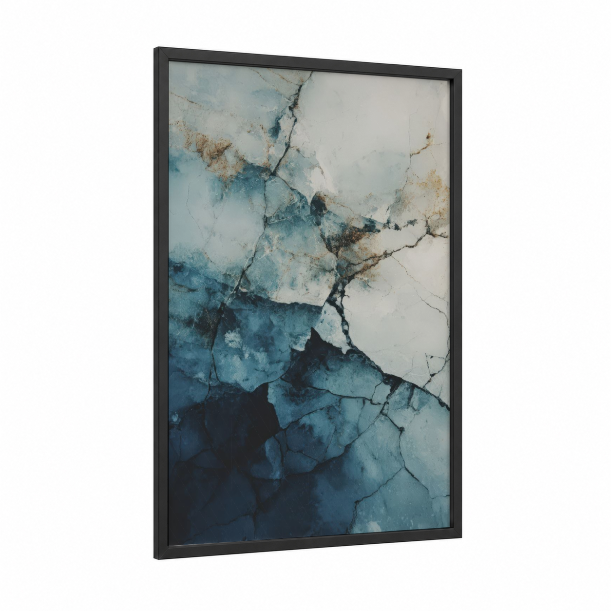 Frozen Fracture framed glacier print — black wood frame — blue and white and gray and yellow palette
