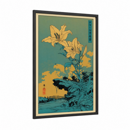 Golden Amarillys Garden framed art print — black wood frame — gold and teal palette