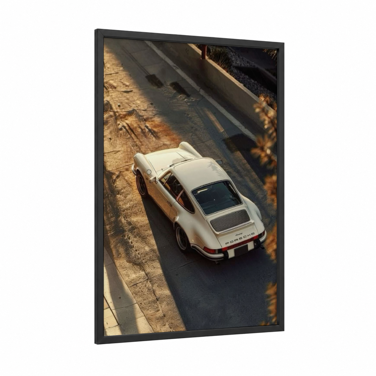 Vintage Porsche framed sports car print — black wood frame — white and gold palette