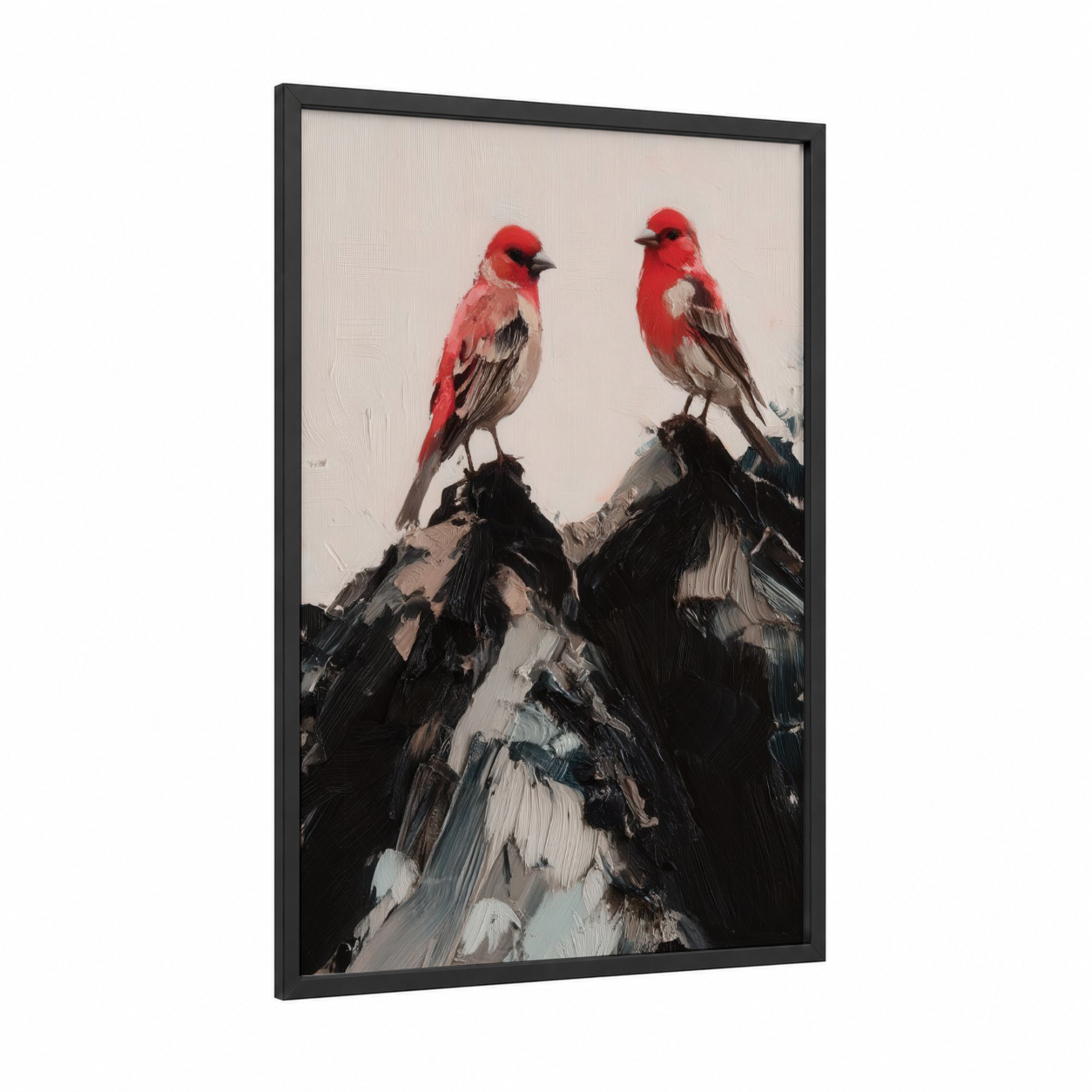 Crimson Finch Pair framed art print — black wood frame — red and black palette