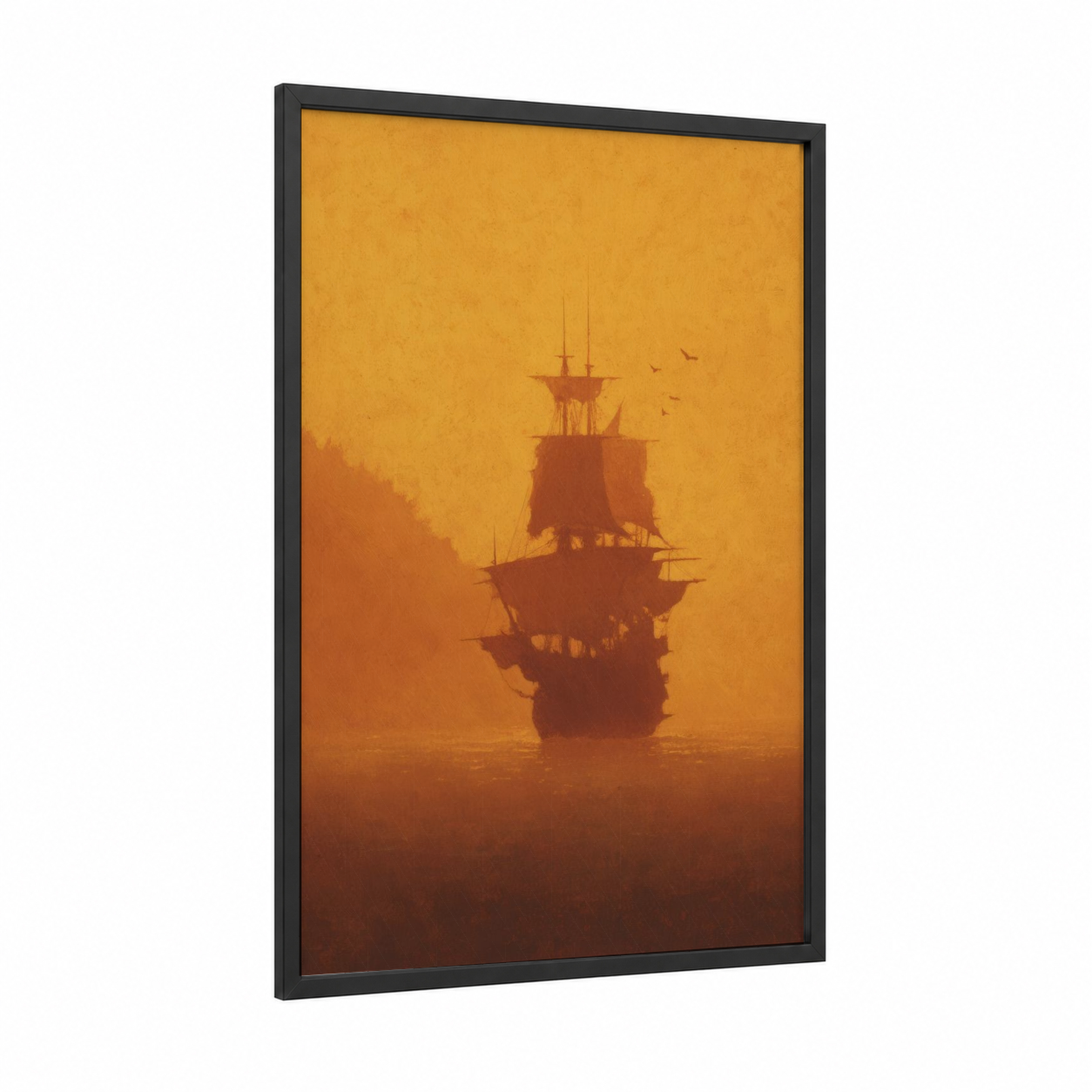 Golden Sailing Ship framed art print — black wood frame — yellow gold and russet palette