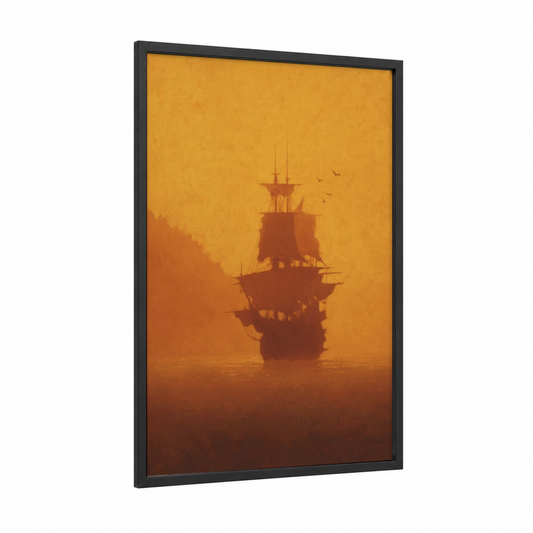 Golden Sailing Ship framed art print — black wood frame — yellow gold and russet palette