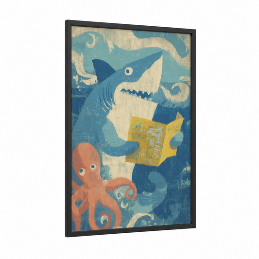 Reading Shark framed blue shark print — black wood frame — blue and cream palette