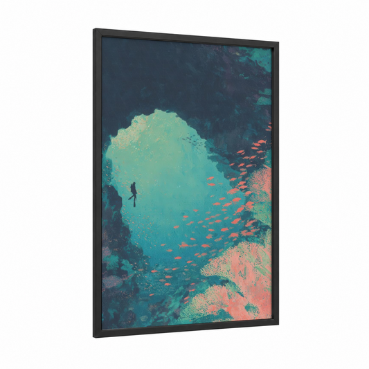 Turquoise Cave Diving framed art print — black wood frame — teal and salmon pink palette