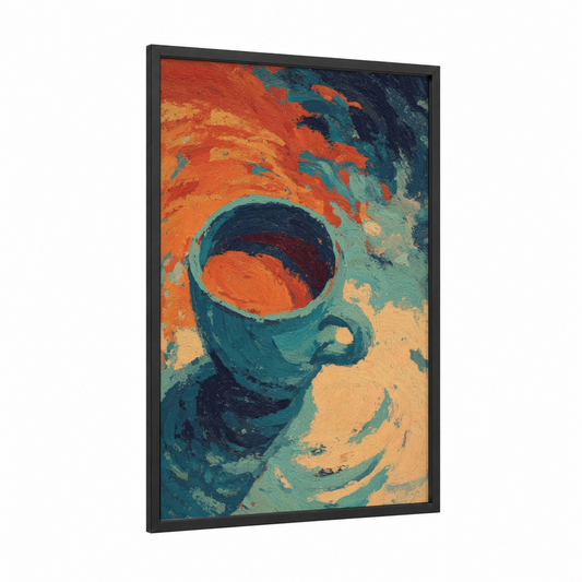 Steaming Tea Swirl framed art print — black wood frame — orange and teal palette