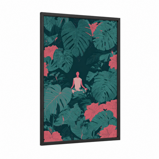 Zen Garden Yoga framed fitness yoga print — black wood frame — teal and salmon pink palette